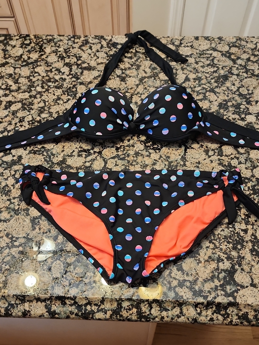TAHITI Super Cute Polka Dot Halter & Push up top Bikini Set -  Size L (EB4)